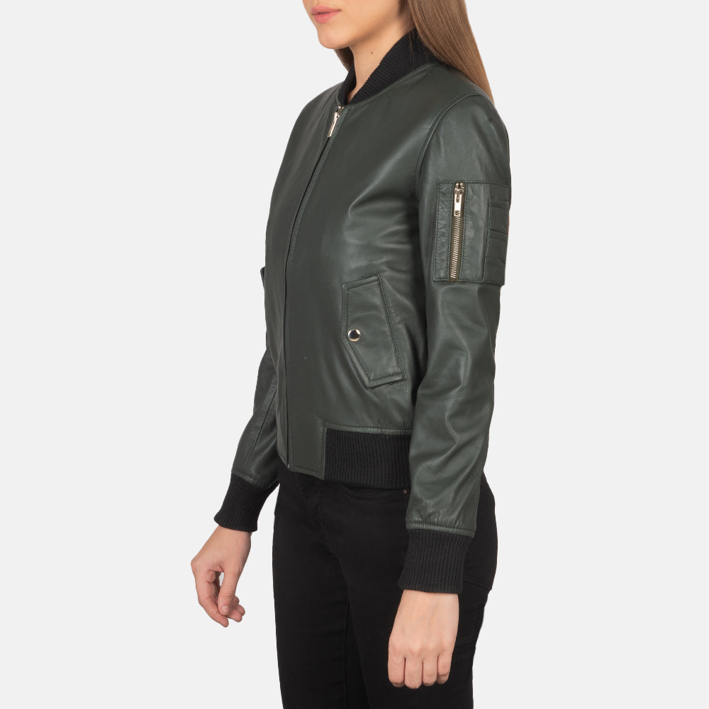 Ava Ma-1 Green Leather Bomber Jacket by Dash Racegear - women Jacket view 2