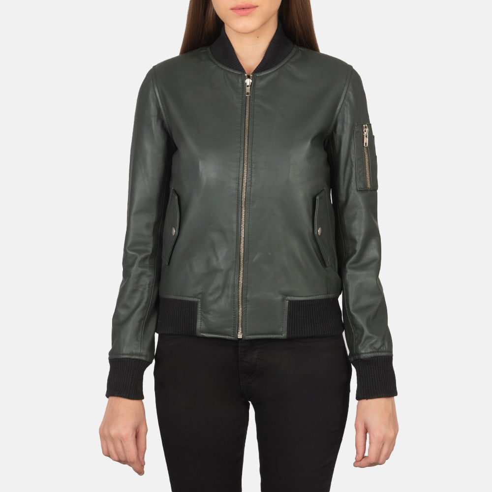 Ava Ma-1 Green Leather Bomber Jacket by Dash Racegear - women Jacket view 4