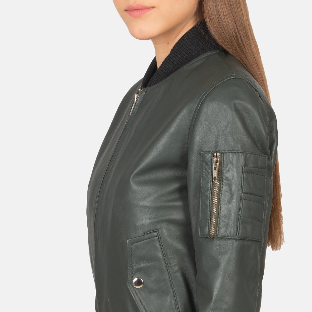Ava Ma-1 Green Leather Bomber Jacket by Dash Racegear - women Jacket view 6