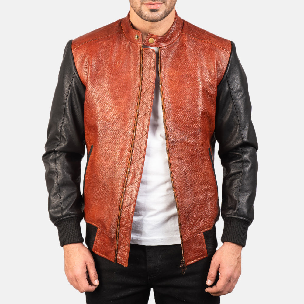 Avan Black & Maroon Leather Bomber Jacket by Dash Racegear - men Jacket view 1