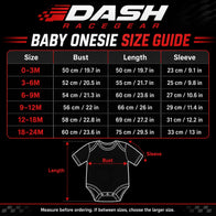 Ferrari inspired Longsleeve Jumpsuit 2025 baby onesie size guide by Dash Racegear, sizes 0-3M to 18-24M