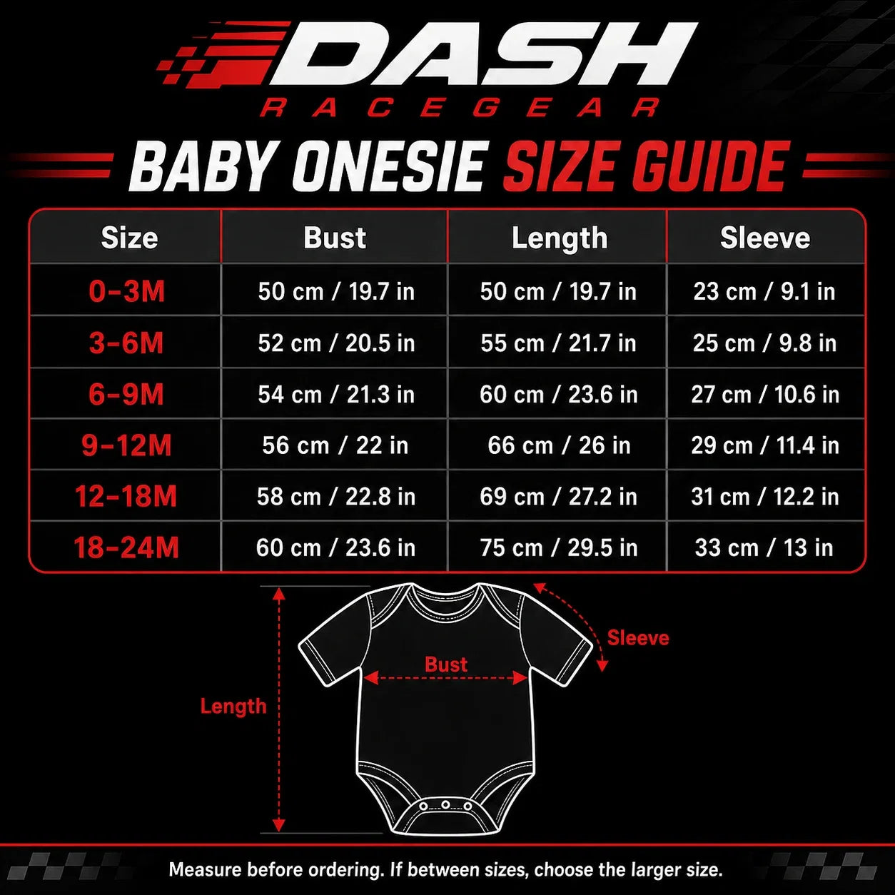 Ferrari inspired Longsleeve Jumpsuit 2025 baby onesie size guide by Dash Racegear, sizes 0-3M to 18-24M