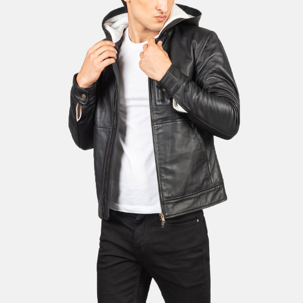 Baston Black Hooded Leather Bomber Jacket by Dash Racegear - men Jacket view 1