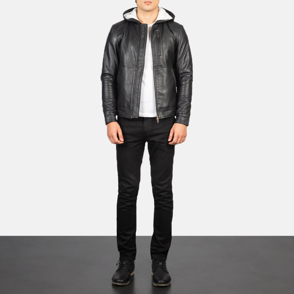 Baston Black Hooded Leather Bomber Jacket by Dash Racegear - men Jacket view 3