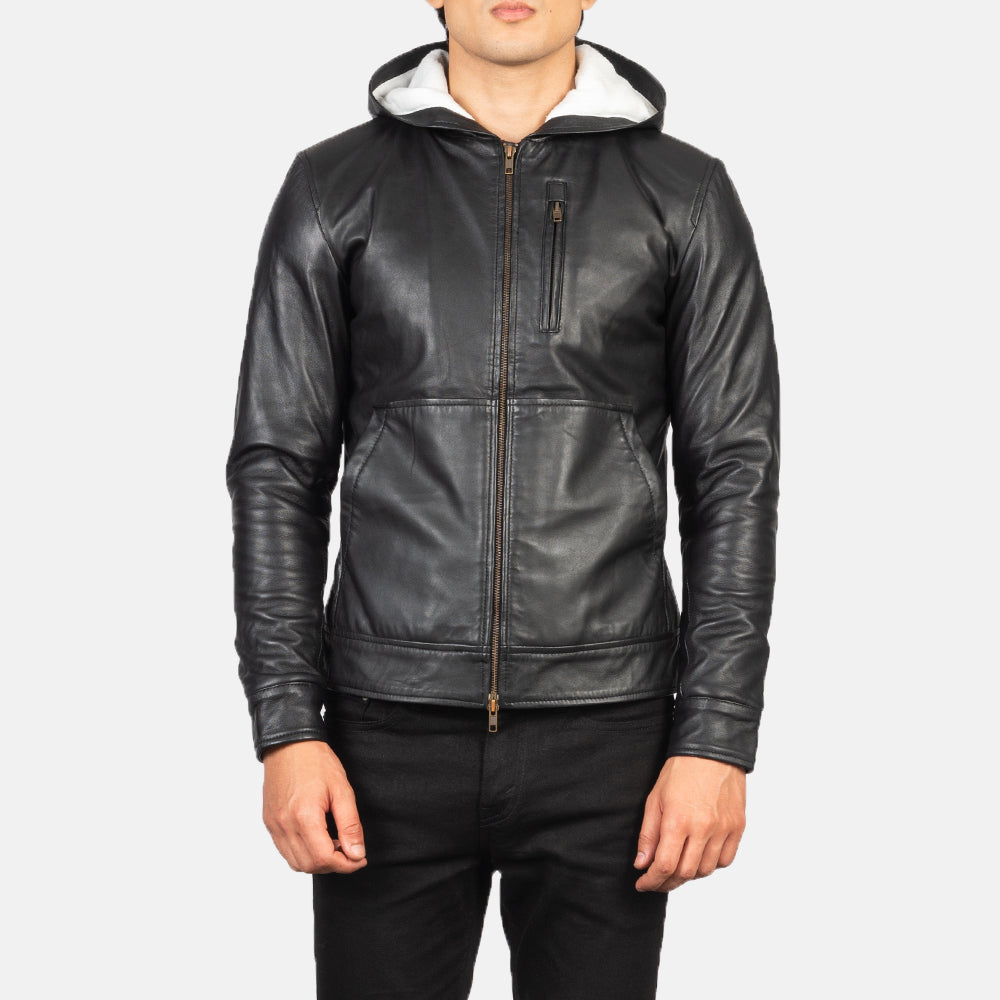 Baston Black Hooded Leather Bomber Jacket by Dash Racegear - men Jacket view 4