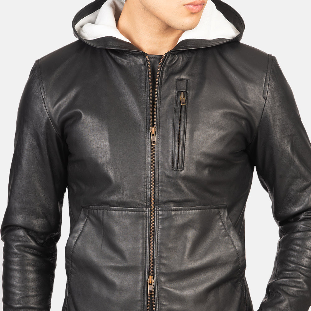 Baston Black Hooded Leather Bomber Jacket by Dash Racegear - men Jacket view 6