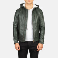 Baston Green Hooded Leather Bomber Jacket by Dash Racegear - men Jacket view 1