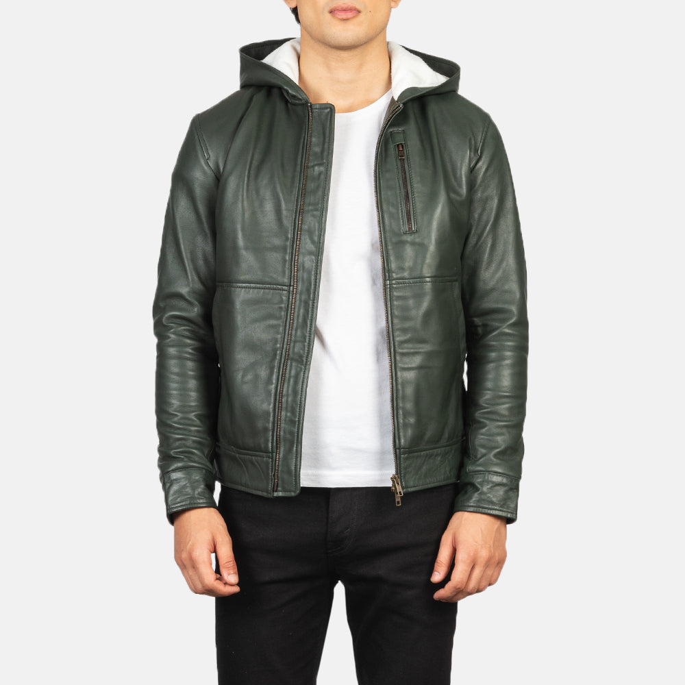 Baston Green Hooded Leather Bomber Jacket by Dash Racegear - men Jacket view 1