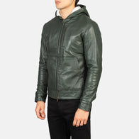 Baston Green Hooded Leather Bomber Jacket by Dash Racegear - men Jacket view 2