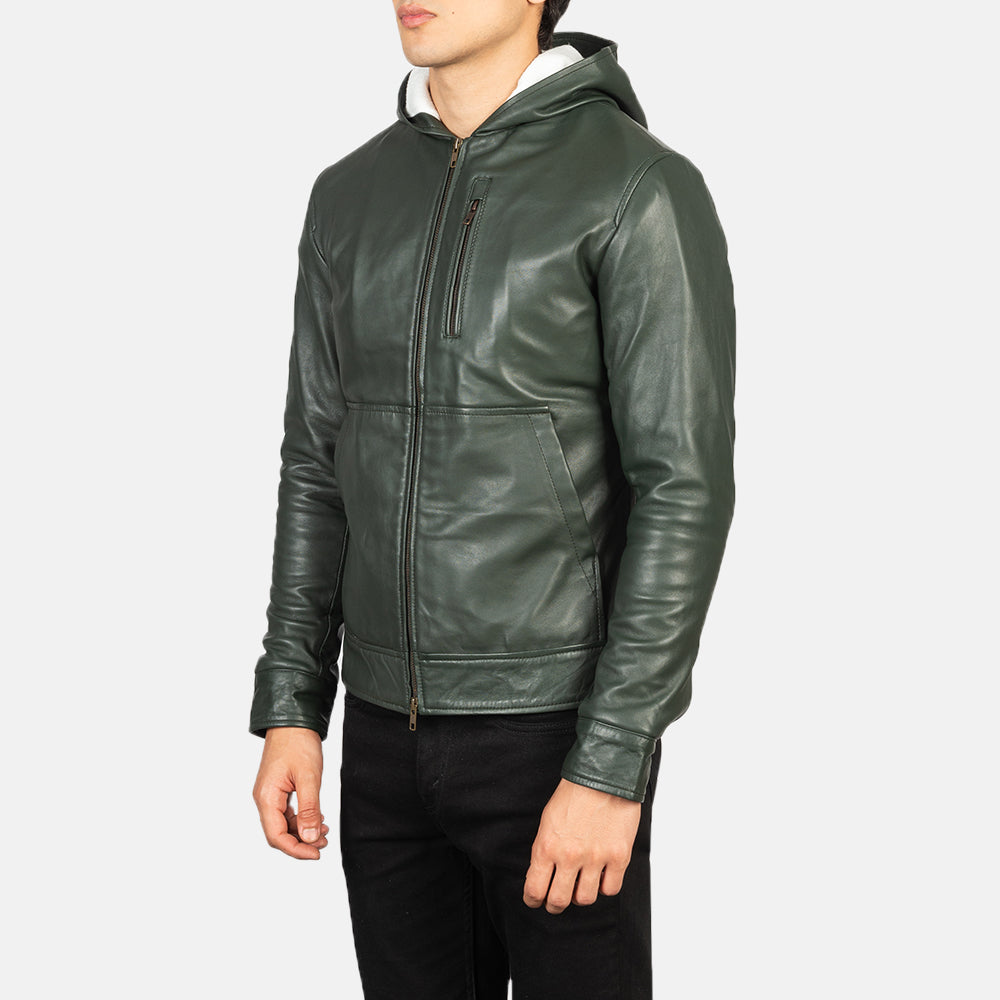 Baston Green Hooded Leather Bomber Jacket by Dash Racegear - men Jacket view 2