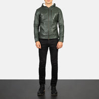 Baston Green Hooded Leather Bomber Jacket by Dash Racegear - men Jacket view 3