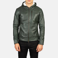 Baston Green Hooded Leather Bomber Jacket by Dash Racegear - men Jacket view 4