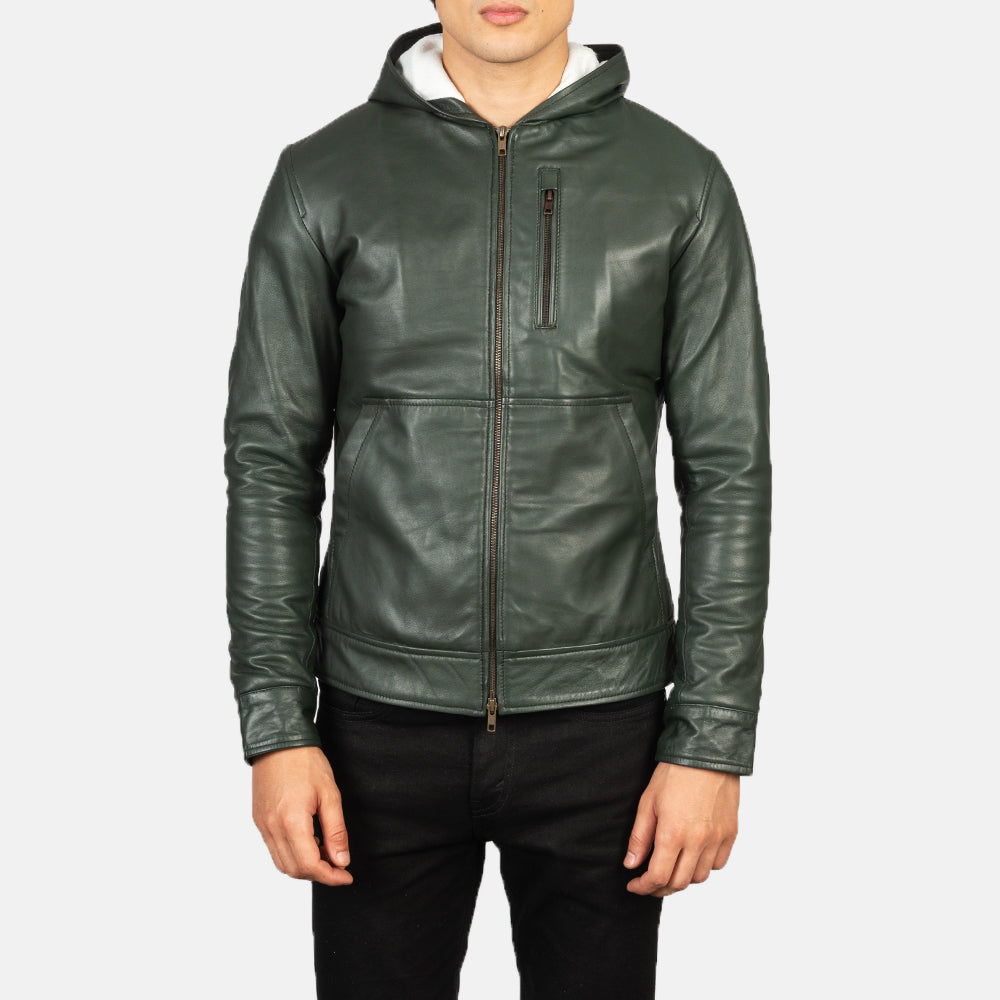 Baston Green Hooded Leather Bomber Jacket by Dash Racegear - men Jacket view 4
