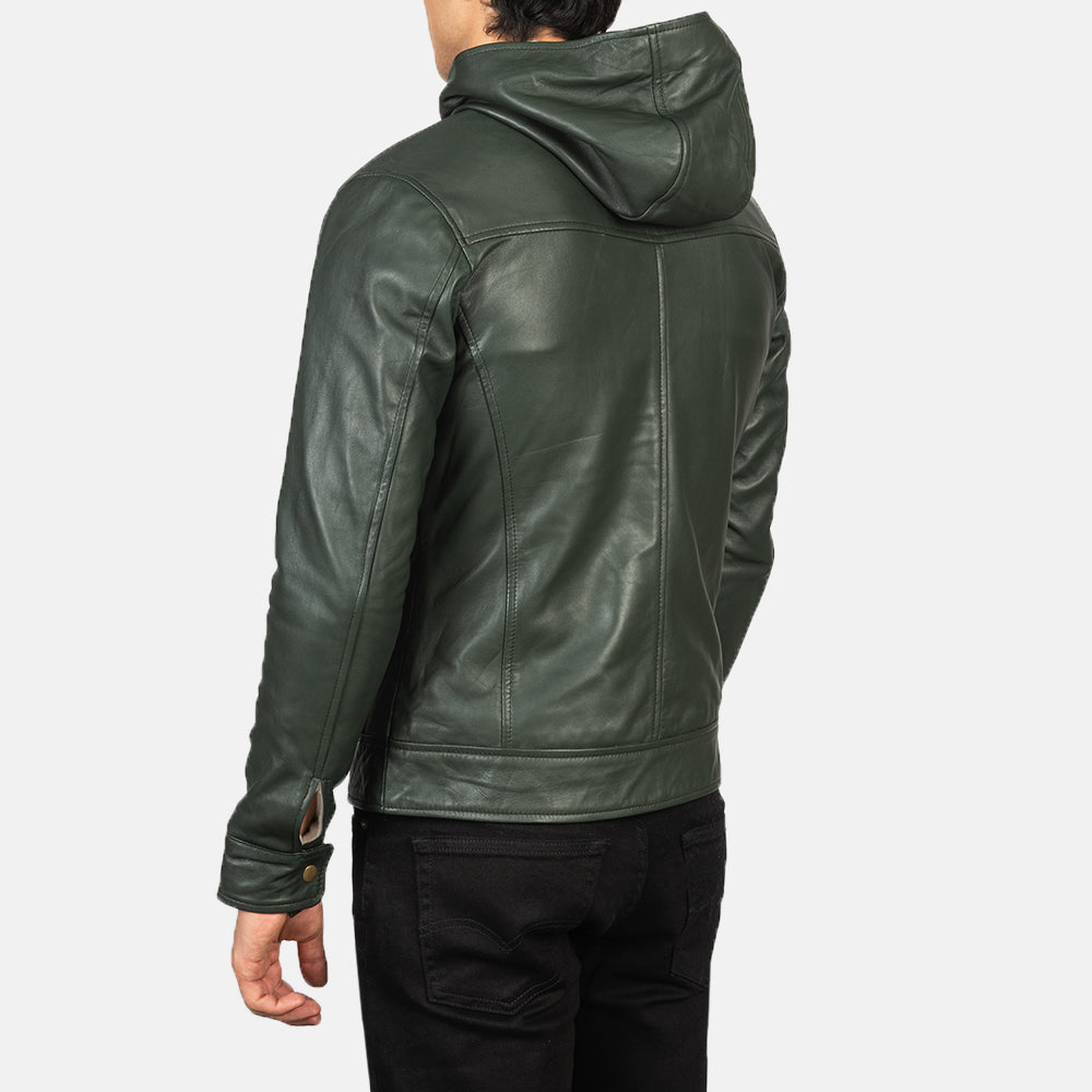 Baston Green Hooded Leather Bomber Jacket by Dash Racegear - men Jacket view 5