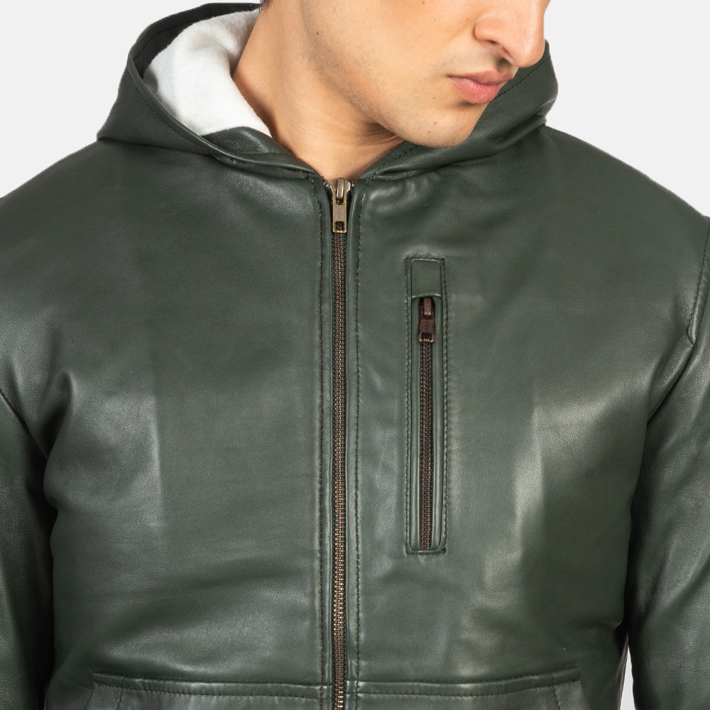 Baston Green Hooded Leather Bomber Jacket by Dash Racegear - men Jacket view 6