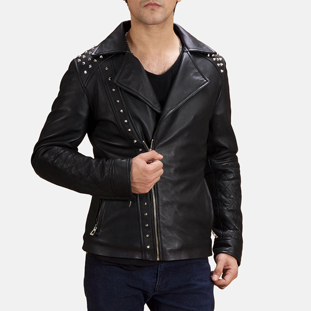 Black Studded Leather Biker Jacket by Dash Racegear - men Jacket view 1