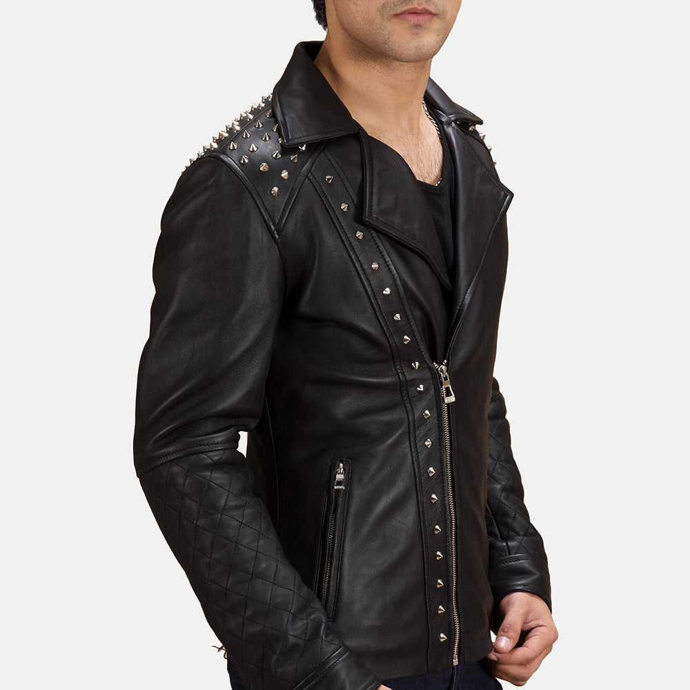 Black Studded Leather Biker Jacket by Dash Racegear - men Jacket view 2