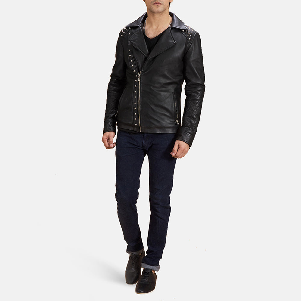 Black Studded Leather Biker Jacket by Dash Racegear - men Jacket view 3