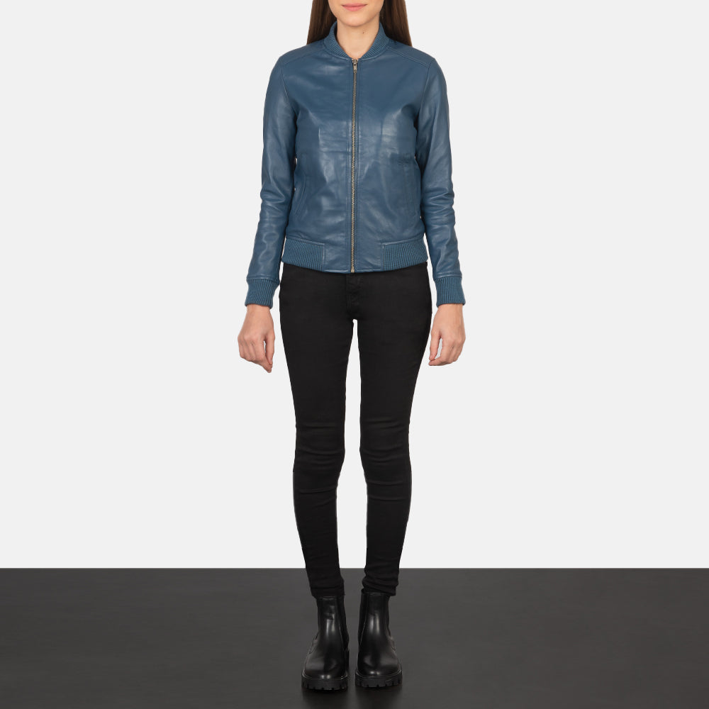 Bliss Blue Leather Bomber Jacket by Dash Racegear - women Jacket view 3