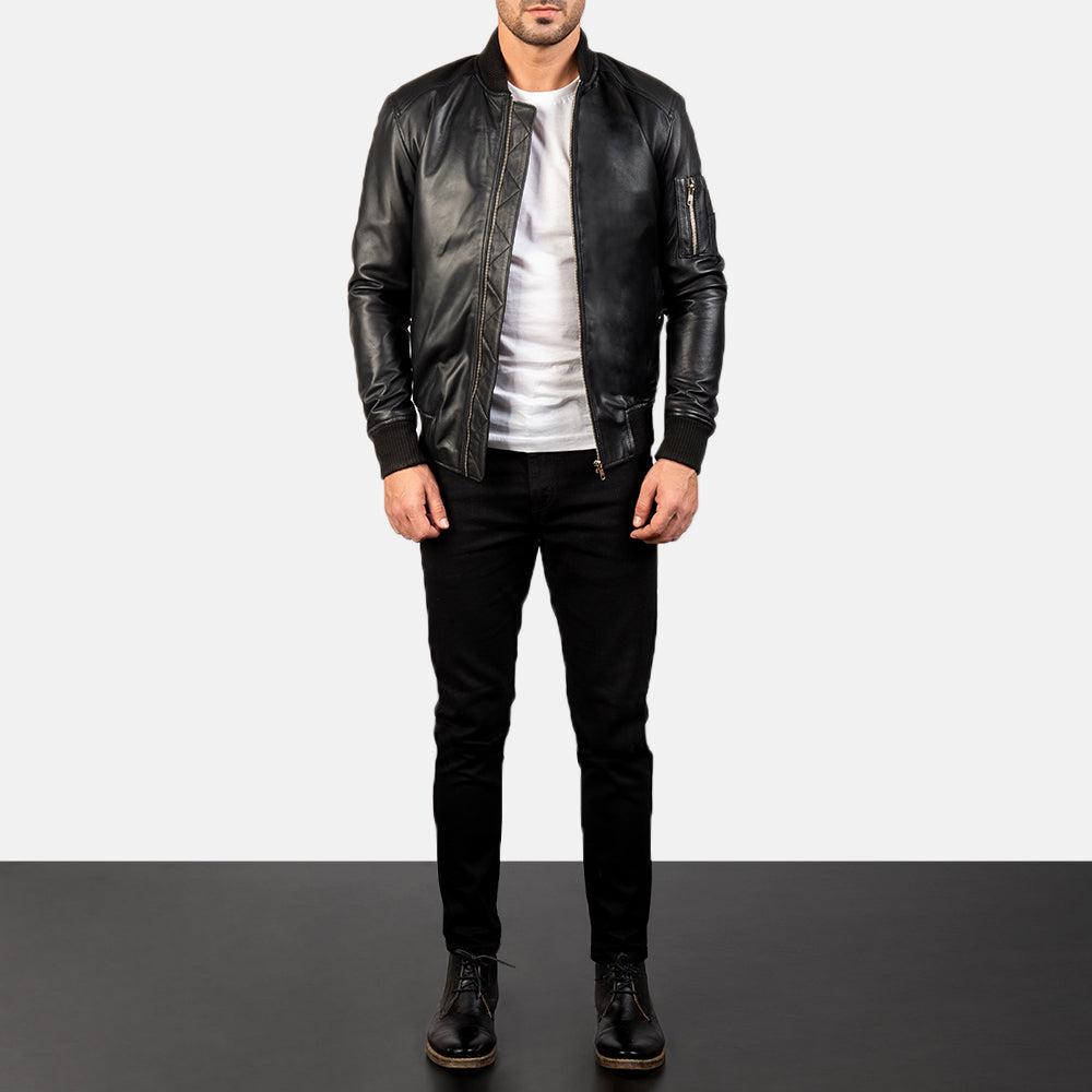 Bomia Ma-1 Black Leather Bomber Jacket by Dash Racegear - men Jacket view 3