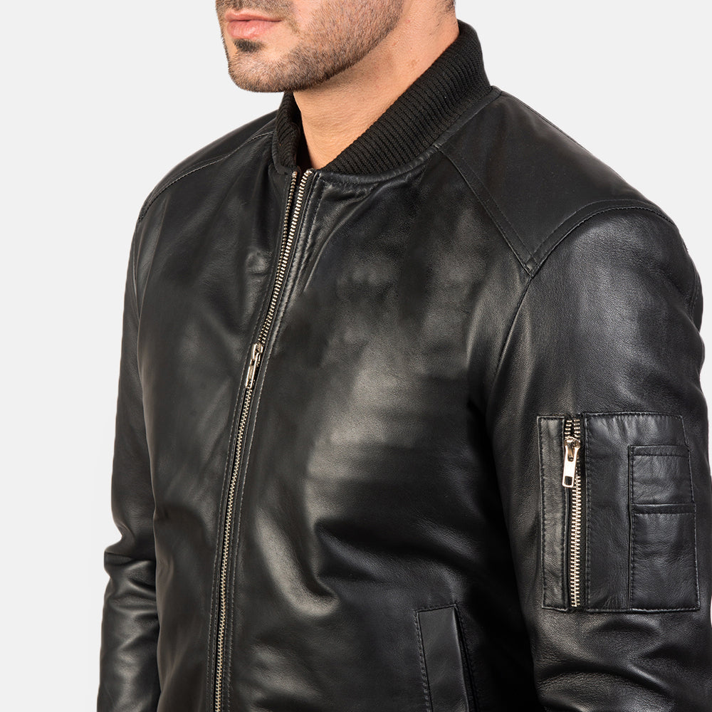 Bomia Ma-1 Black Leather Bomber Jacket by Dash Racegear - men Jacket view 6