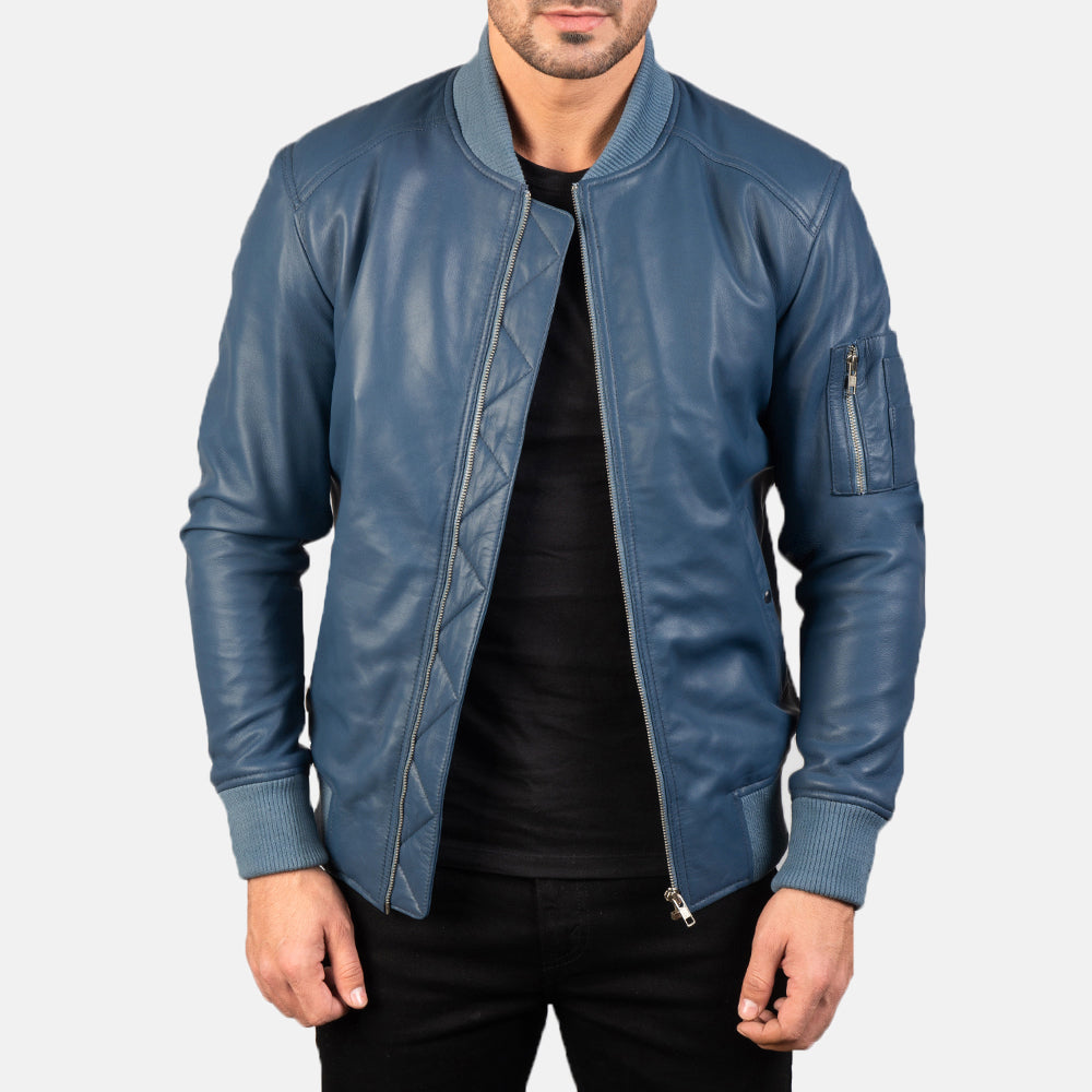 Bomia Ma-1 Blue Leather Bomber Jacket by Dash Racegear - men Jacket view 1