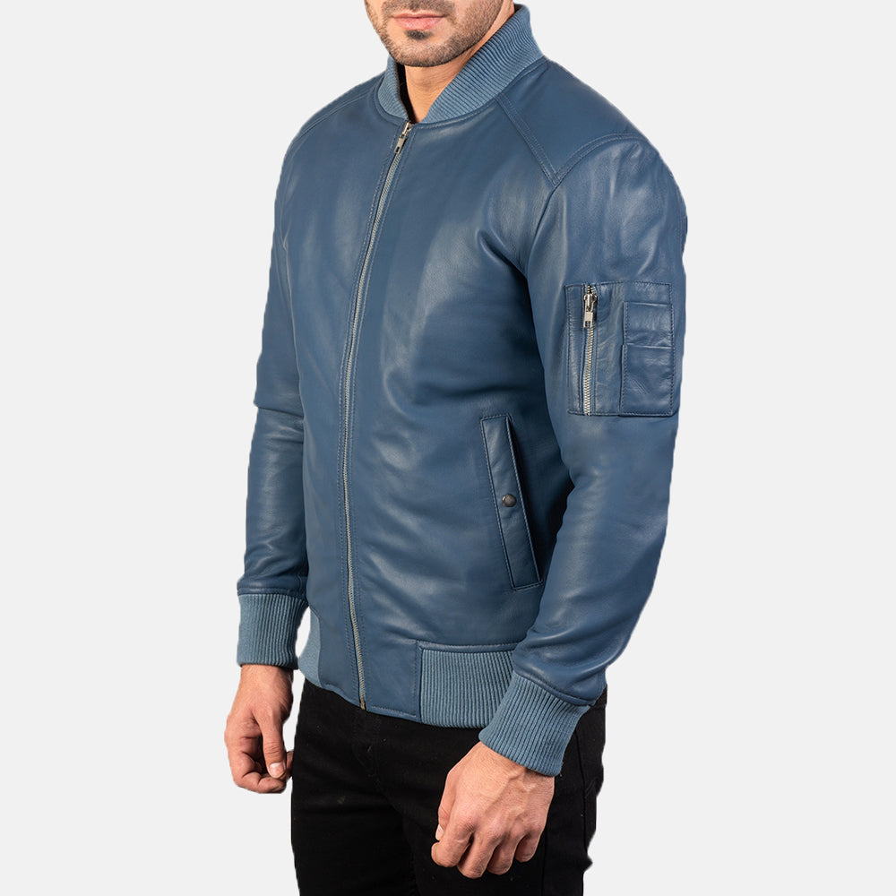 Bomia Ma-1 Blue Leather Bomber Jacket by Dash Racegear - men Jacket view 2