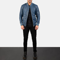 Bomia Ma-1 Blue Leather Bomber Jacket by Dash Racegear - men Jacket view 3