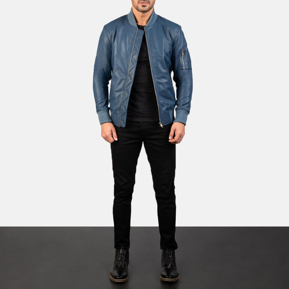 Bomia Ma-1 Blue Leather Bomber Jacket by Dash Racegear - men Jacket view 3