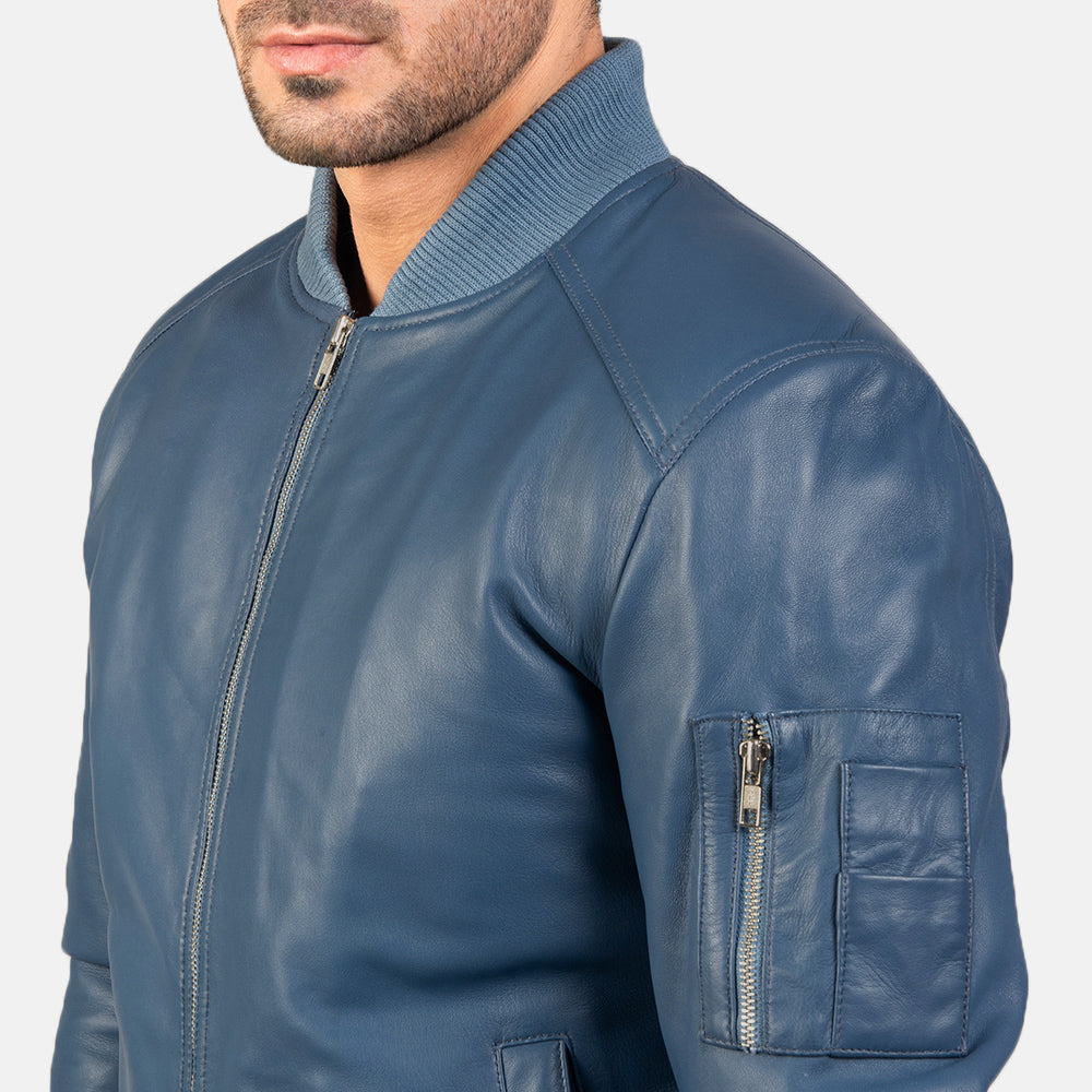 Bomia Ma-1 Blue Leather Bomber Jacket by Dash Racegear - men Jacket view 6