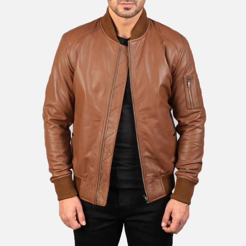 Bomia Ma-1 Brown Leather Bomber Jacket by Dash Racegear - men Jacket view 1