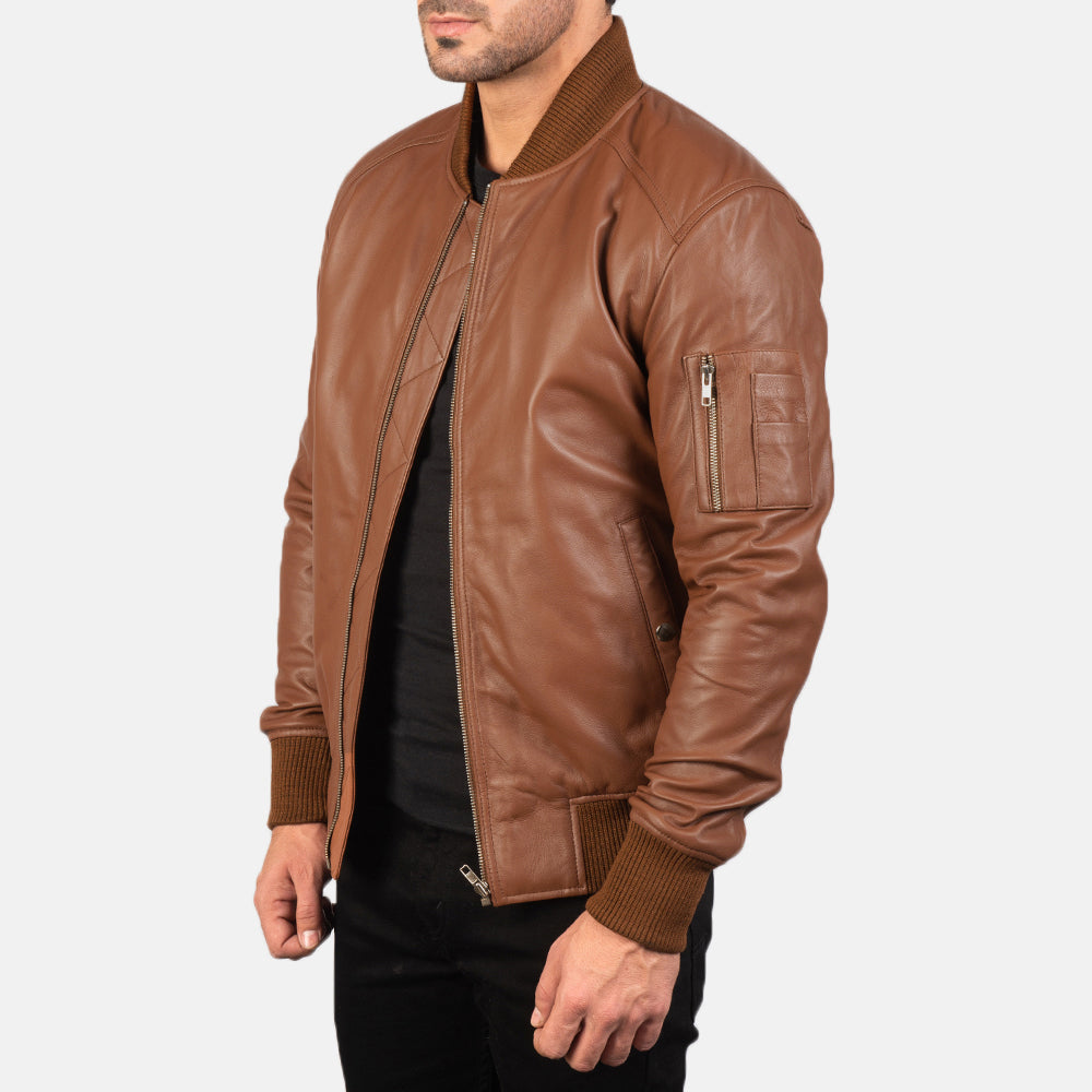 Bomia Ma-1 Brown Leather Bomber Jacket by Dash Racegear - men Jacket view 2