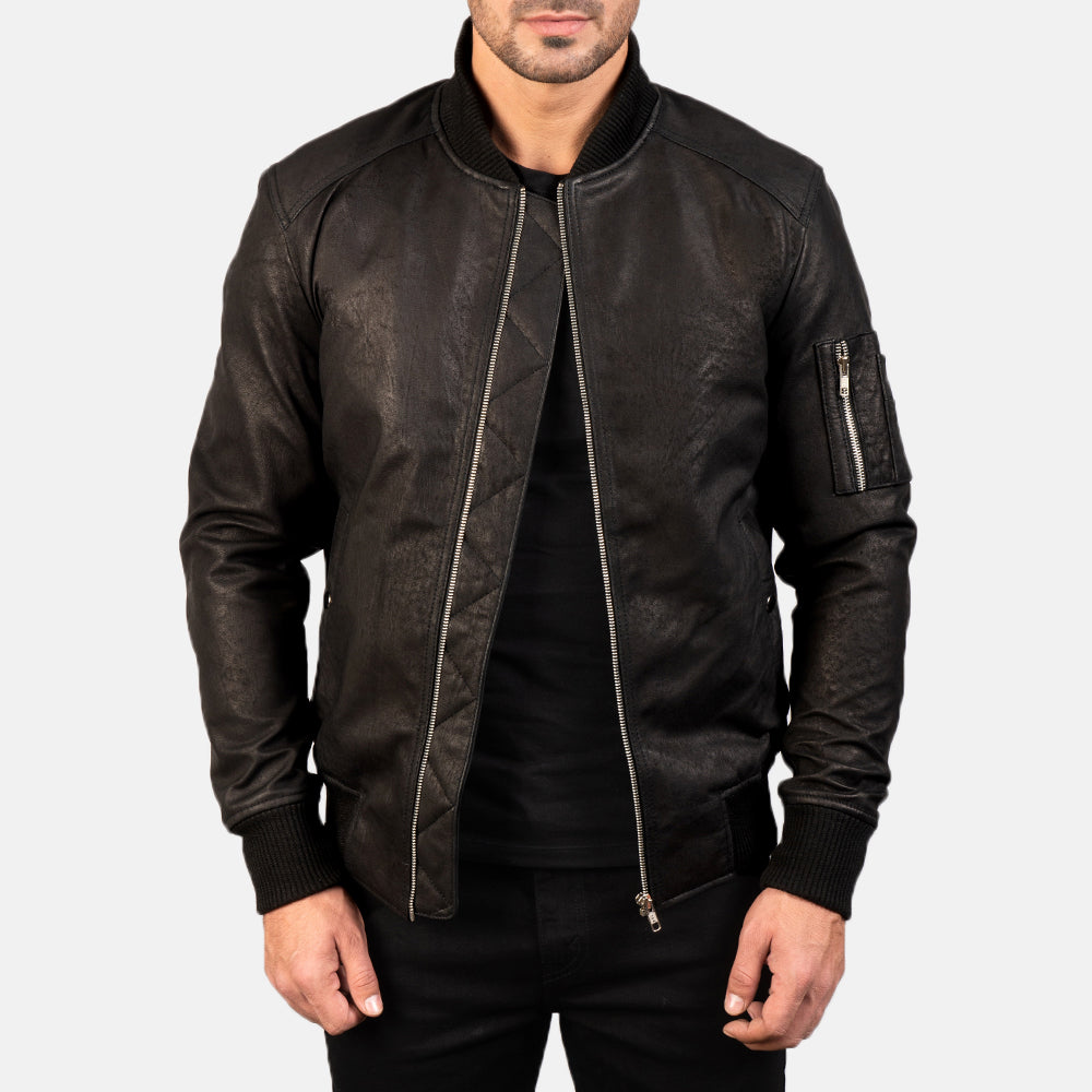 Bomia Ma-1 Distressed Black Leather Bomber Jacket by Dash Racegear - men Jacket view 1