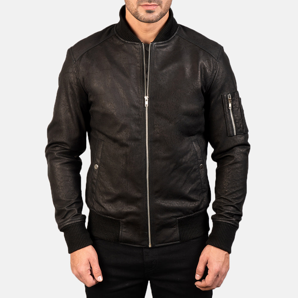 Bomia Ma-1 Distressed Black Leather Bomber Jacket by Dash Racegear - men Jacket view 3