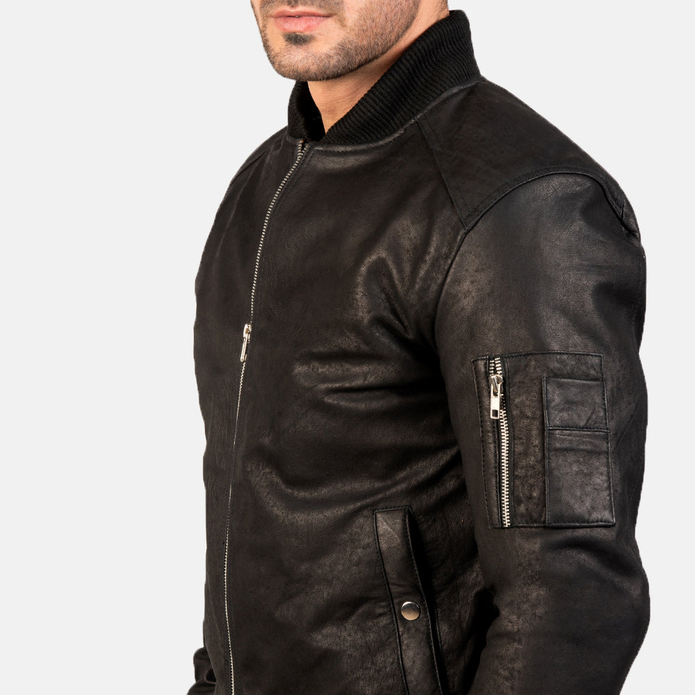 Bomia Ma-1 Distressed Black Leather Bomber Jacket by Dash Racegear - men Jacket view 5