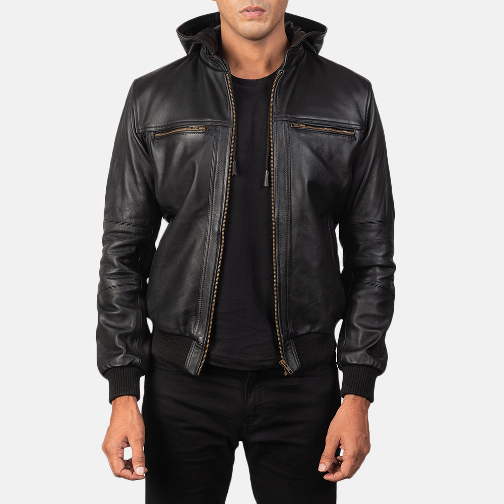 Bouncer Biz Black Leather Bomber Jacket by Dash Racegear - men Jacket view 1