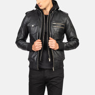 Bravado Black Hooded Leather Bomber Jacket by Dash Racegear - men Jacket view 1