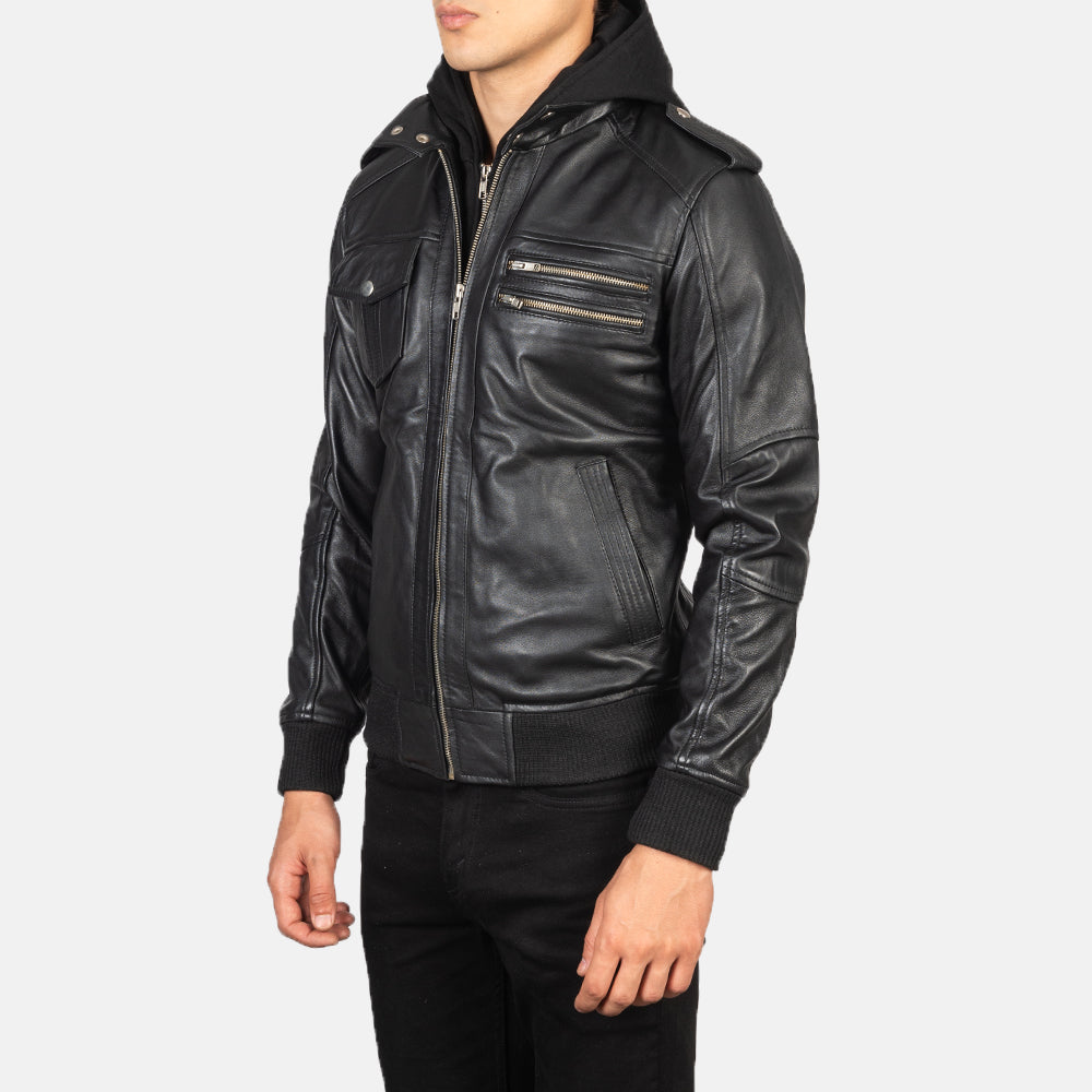 Bravado Black Hooded Leather Bomber Jacket by Dash Racegear - men Jacket view 2