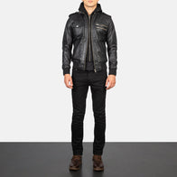 Bravado Black Hooded Leather Bomber Jacket by Dash Racegear - men Jacket view 3
