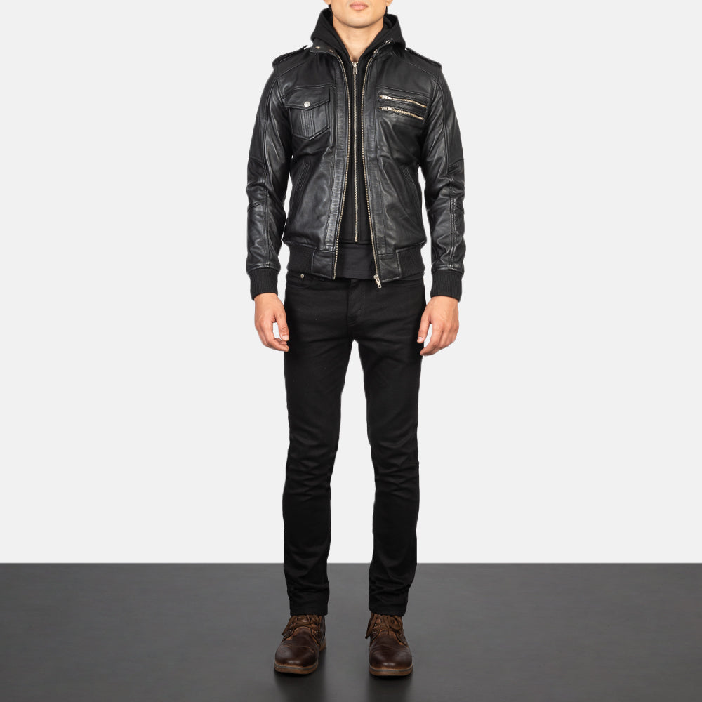 Bravado Black Hooded Leather Bomber Jacket by Dash Racegear - men Jacket view 3