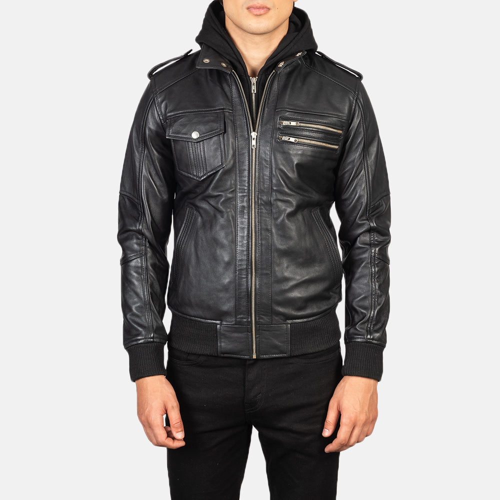 Bravado Black Hooded Leather Bomber Jacket by Dash Racegear - men Jacket view 4