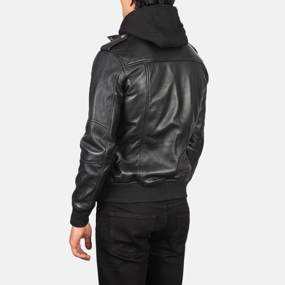 Bravado Black Hooded Leather Bomber Jacket by Dash Racegear - men Jacket view 5
