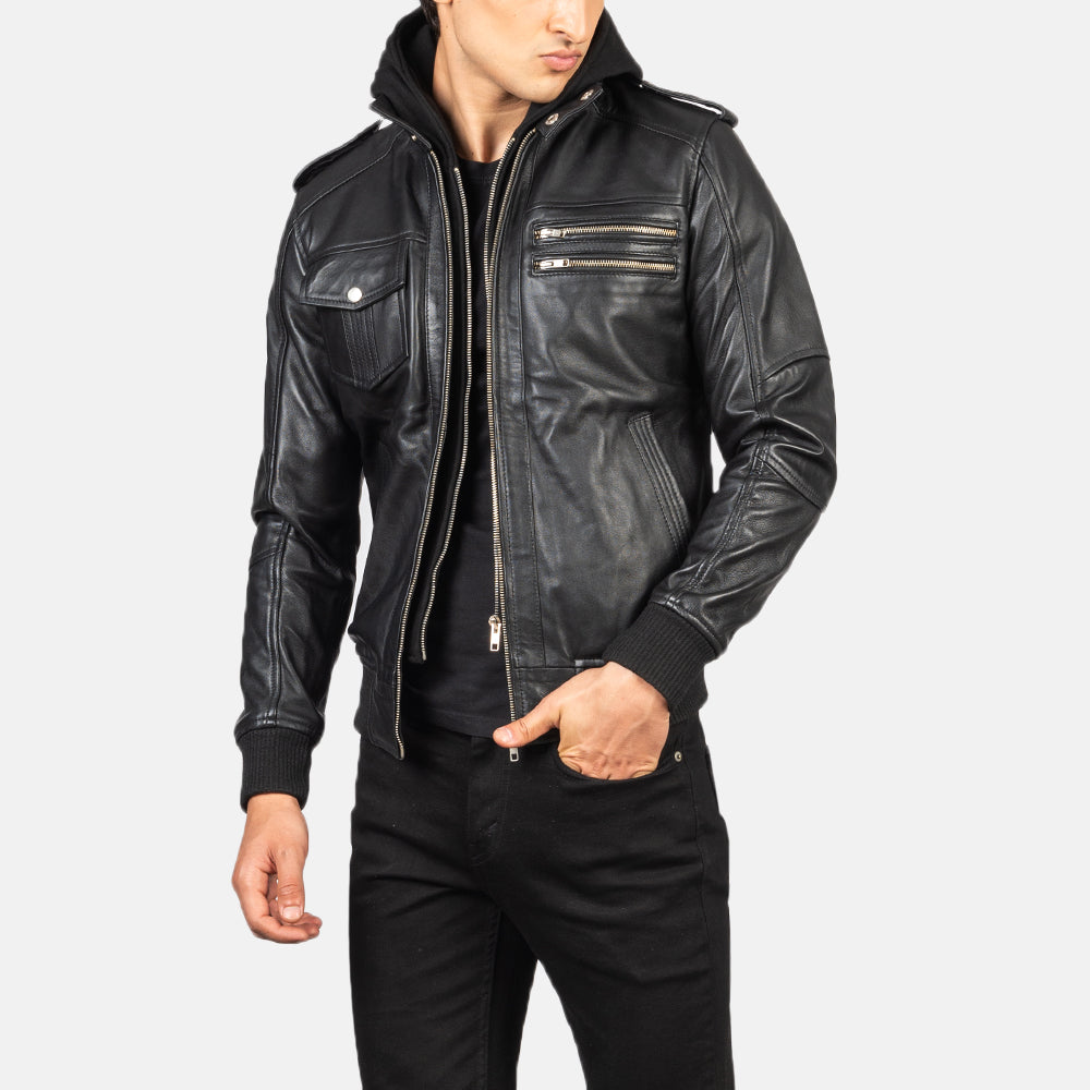 Bravado Black Hooded Leather Bomber Jacket by Dash Racegear - men Jacket view 6