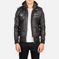 Bravado Brown Hooded Leather Bomber Jacket by Dash Racegear - men Jacket view 1