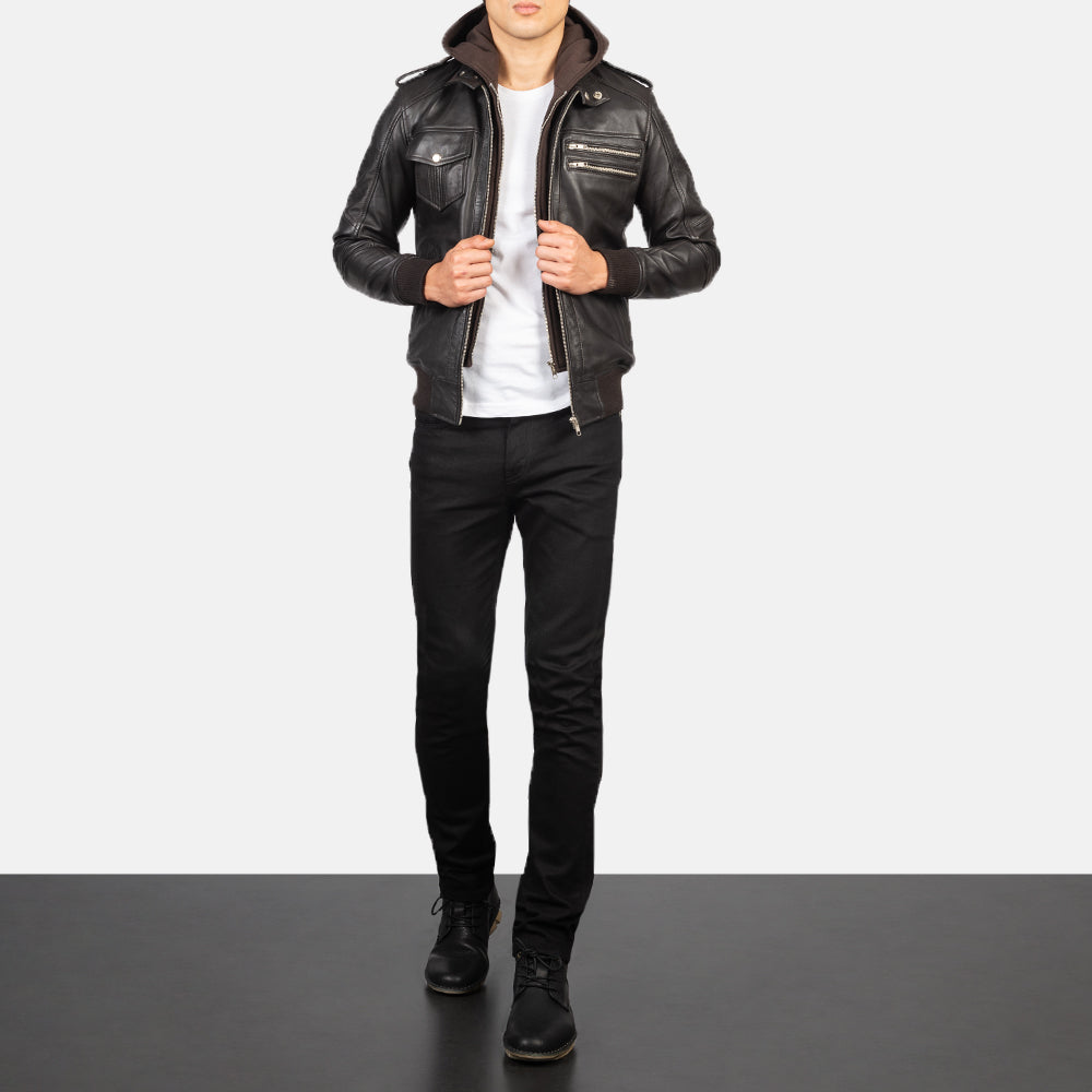 Bravado Brown Hooded Leather Bomber Jacket by Dash Racegear - men Jacket view 3