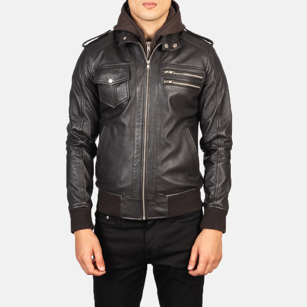 Bravado Brown Hooded Leather Bomber Jacket by Dash Racegear - men Jacket view 4
