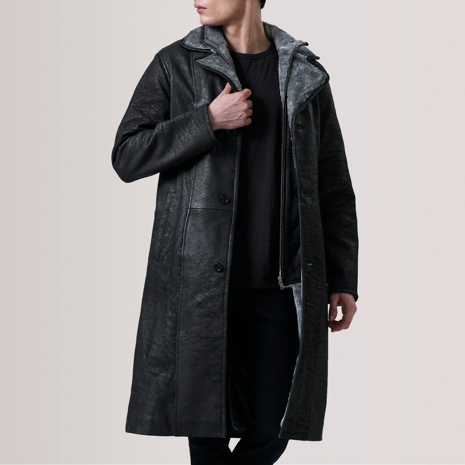 Cai Distressed Black Leather Shearling Coat by Dash Racegear - men Jacket view 1