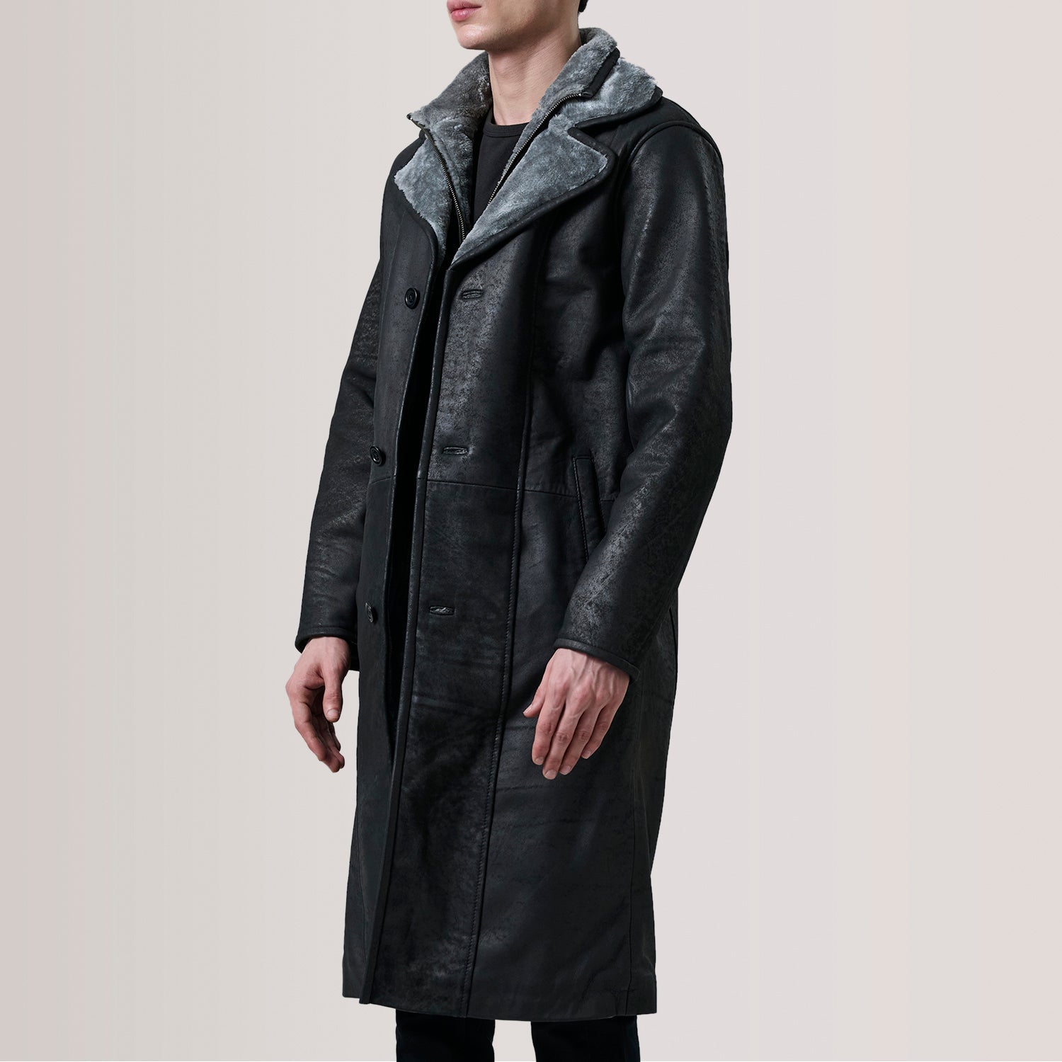 Cai Distressed Black Leather Shearling Coat by Dash Racegear - men Jacket view 3