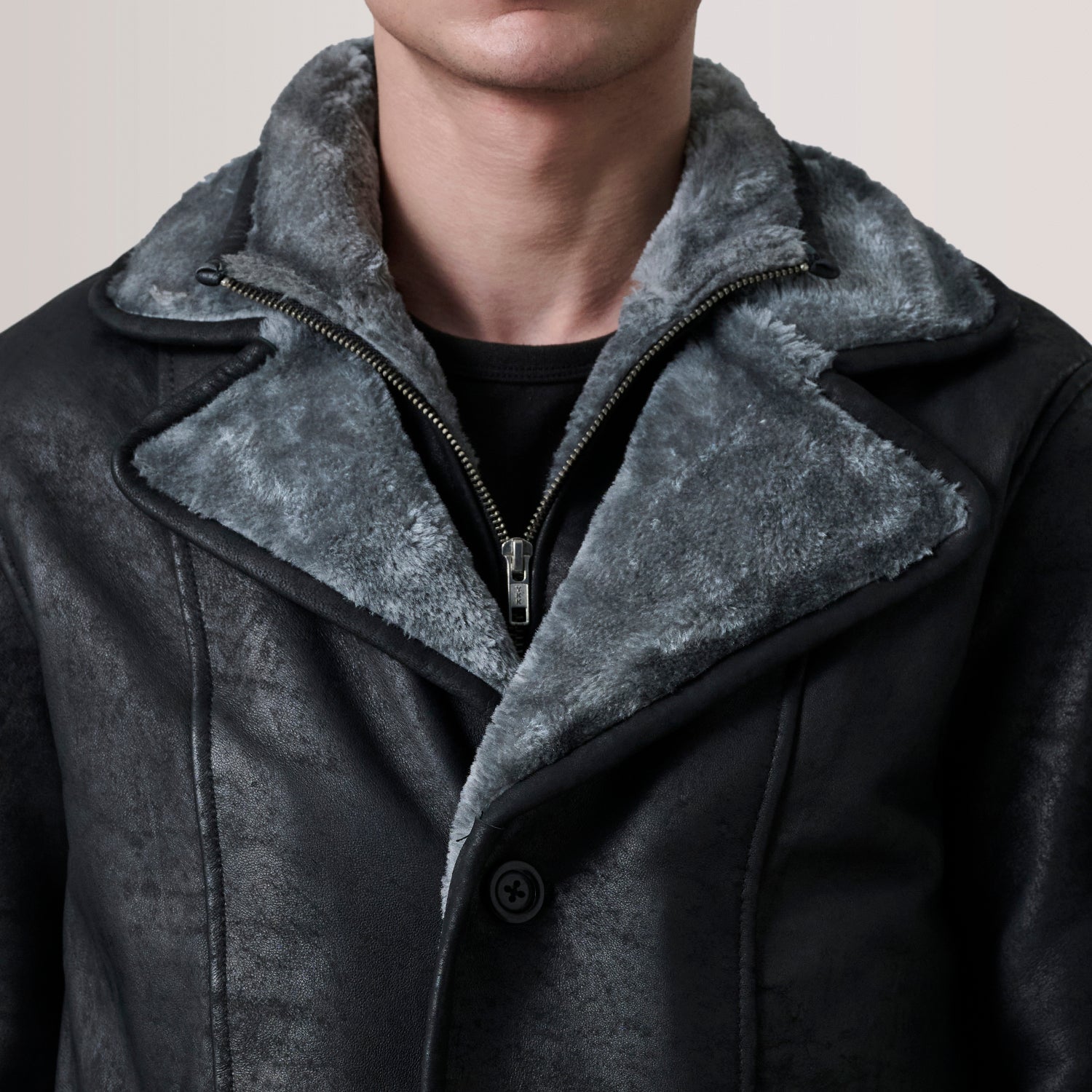 Cai Distressed Black Leather Shearling Coat by Dash Racegear - men Jacket view 5