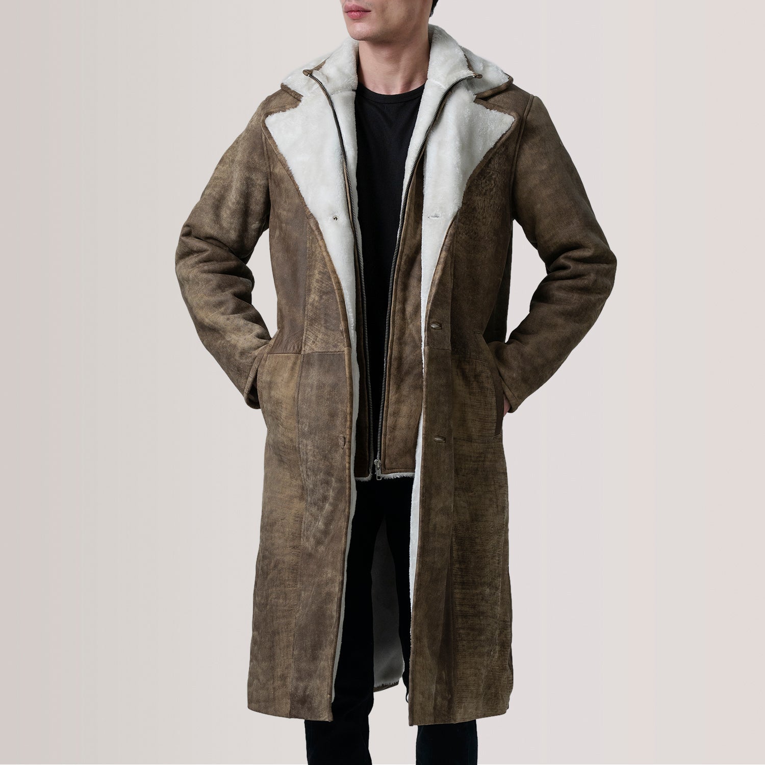 Cai Distressed Brown Leather Shearling Coat by Dash Racegear - men Jacket view 1
